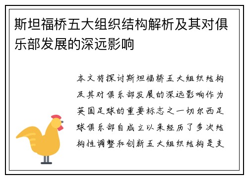 斯坦福桥五大组织结构解析及其对俱乐部发展的深远影响